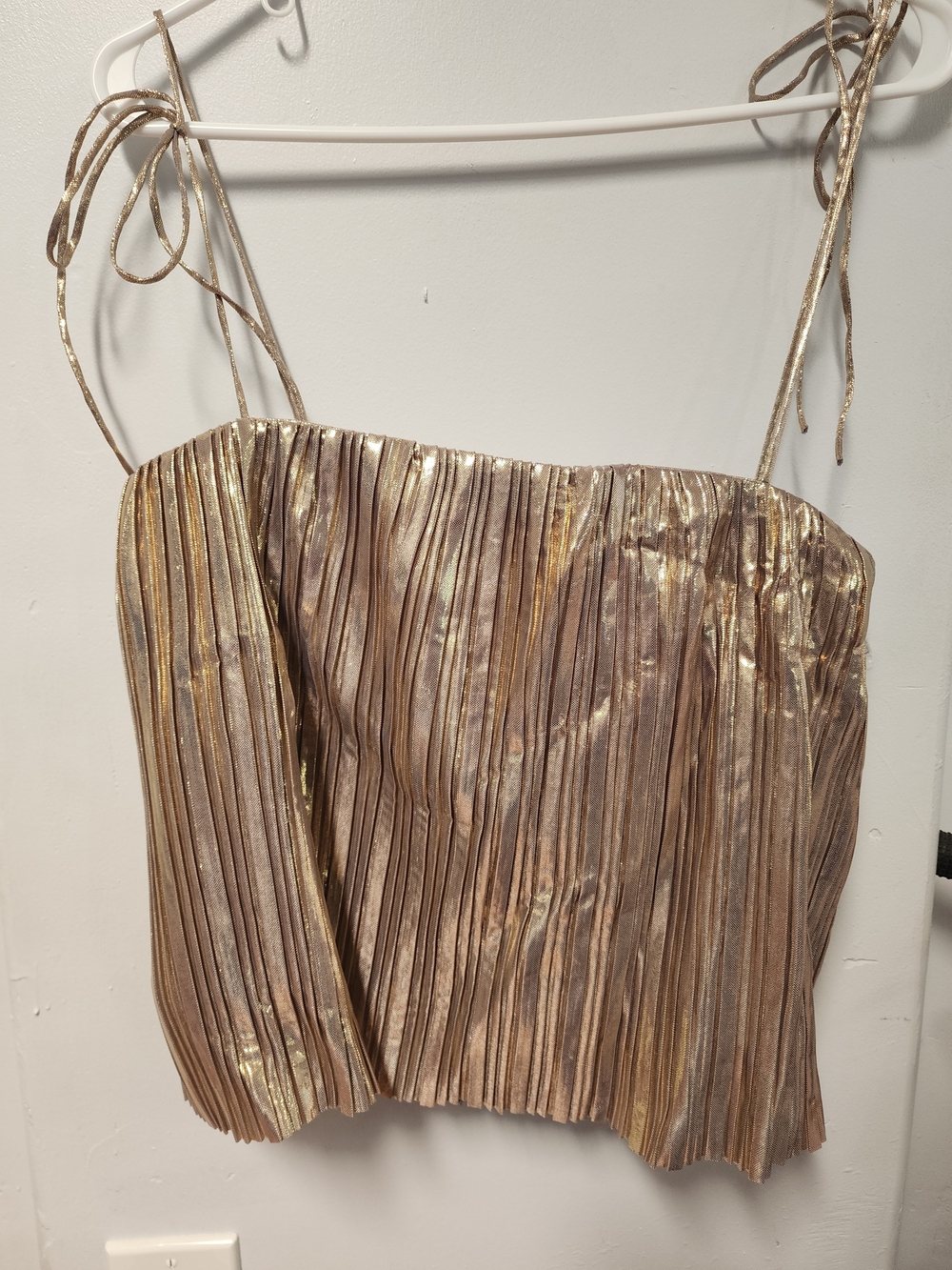 Amanda Uprichard Gold and Cream Strapless Metallic Pleated Top